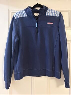 Vineyard Vines Navy Quarter-Zip Pullover with Blue Gingham Shoulders
